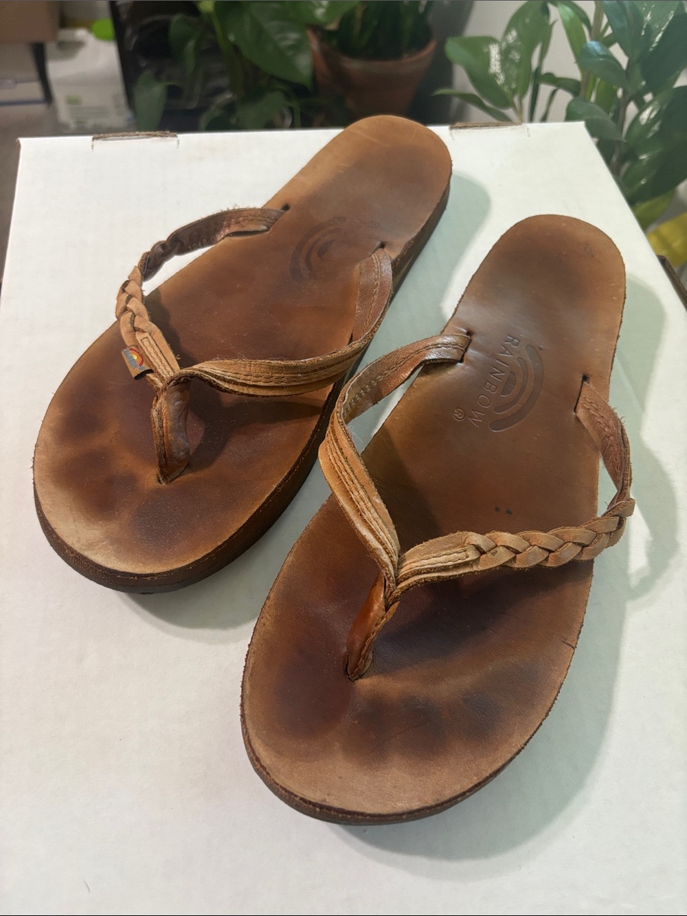 Rainbow Brown Braided Leather Women’s Flip Flops